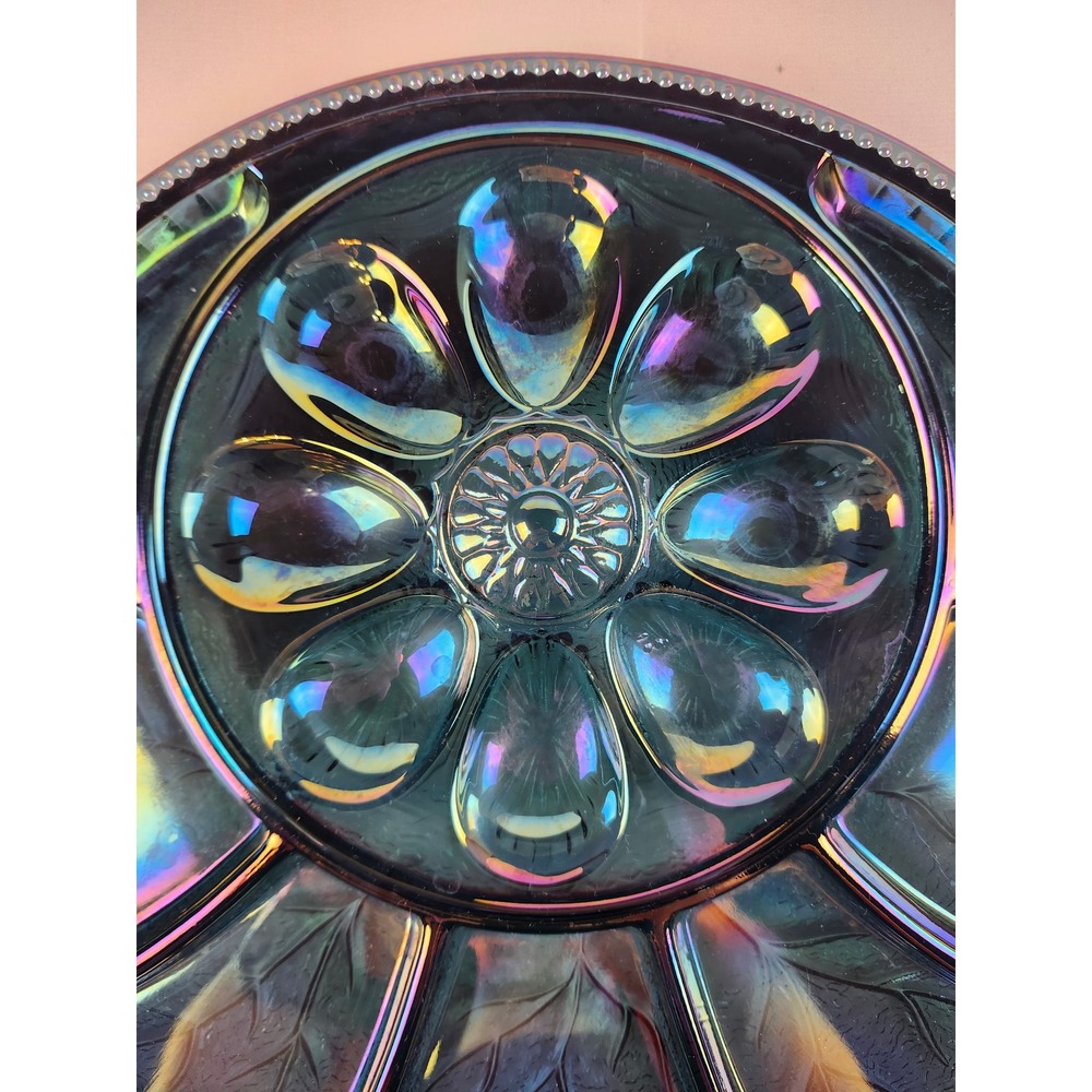 In Box Indiana Glass Carnival Deviled Eggs Hors D'Oeuvre Tray Blue Iridescent - Picture 4 of 7